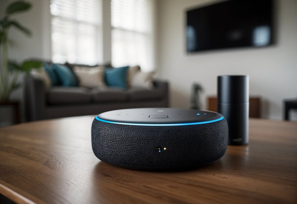 A home security system, Xfinity, and an Amazon Echo device, Alexa, are shown working together in a modern living room setting