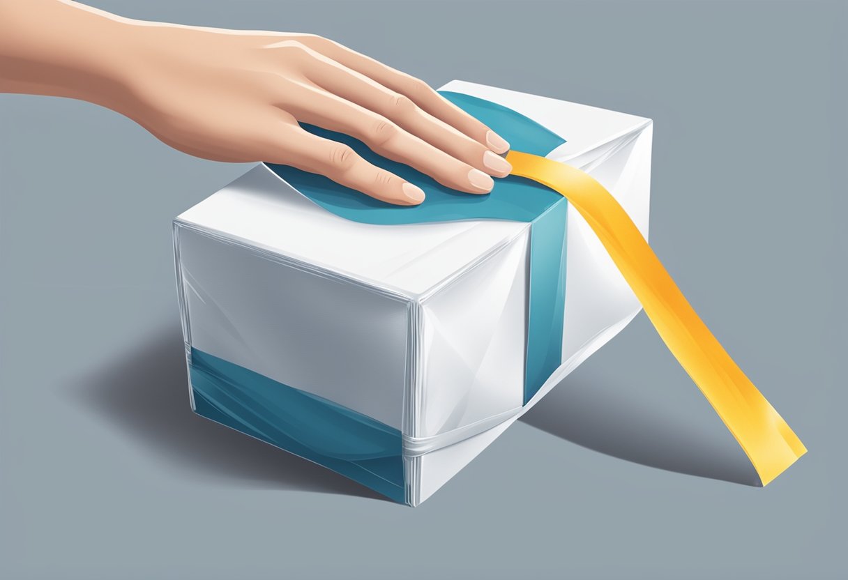 A roll of stretch film being pulled taut around a box, with the film wrapping snugly and overlapping neatly