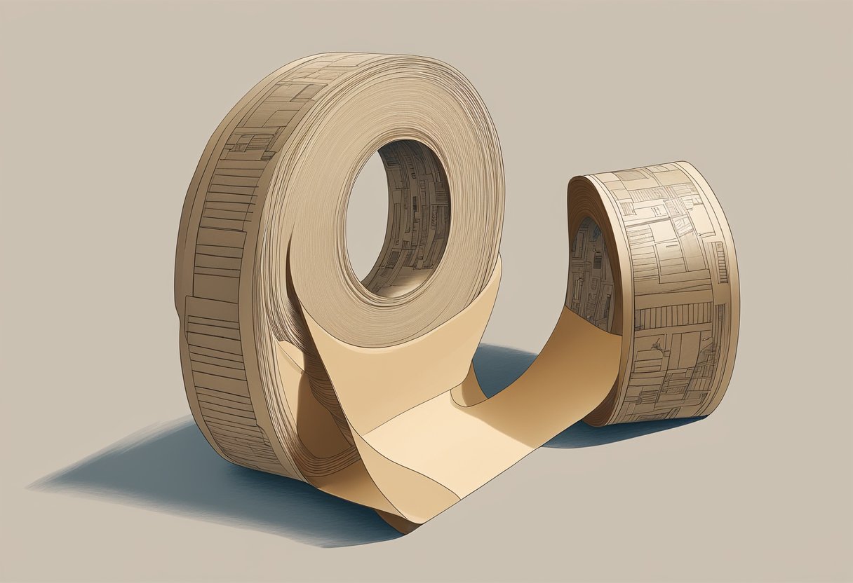 An overhead view of a roll of Writable Kraft Tape against a neutral background
