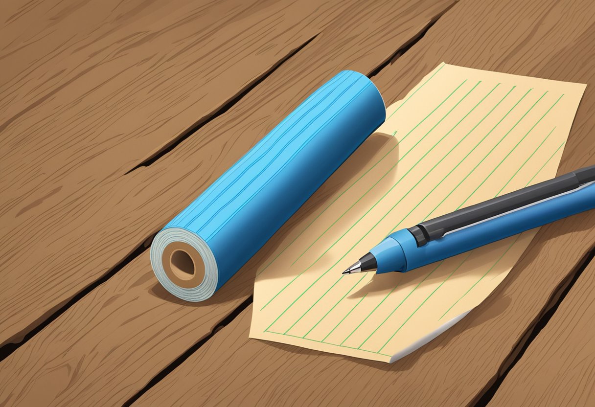 A roll of kraft tape with a writable surface, sitting on a wooden table with a pen nearby