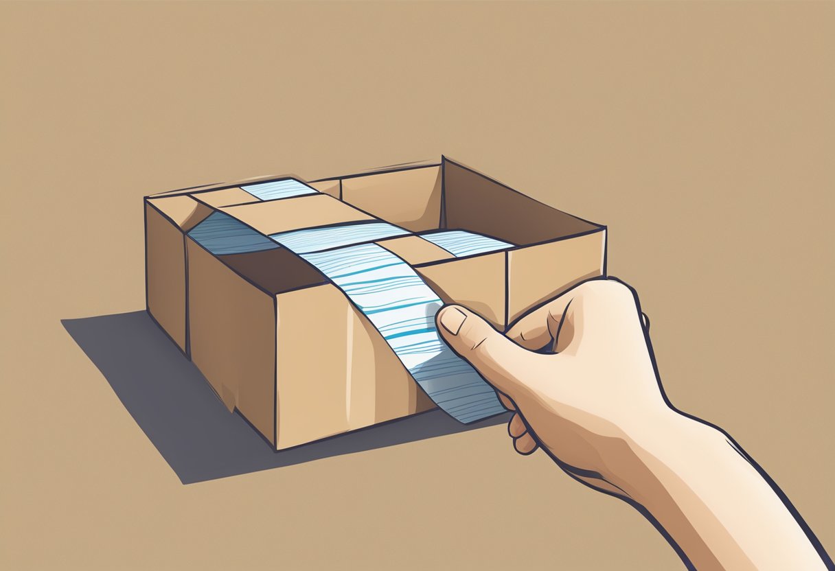 A hand holding a roll of writable kraft tape, sealing a cardboard box
