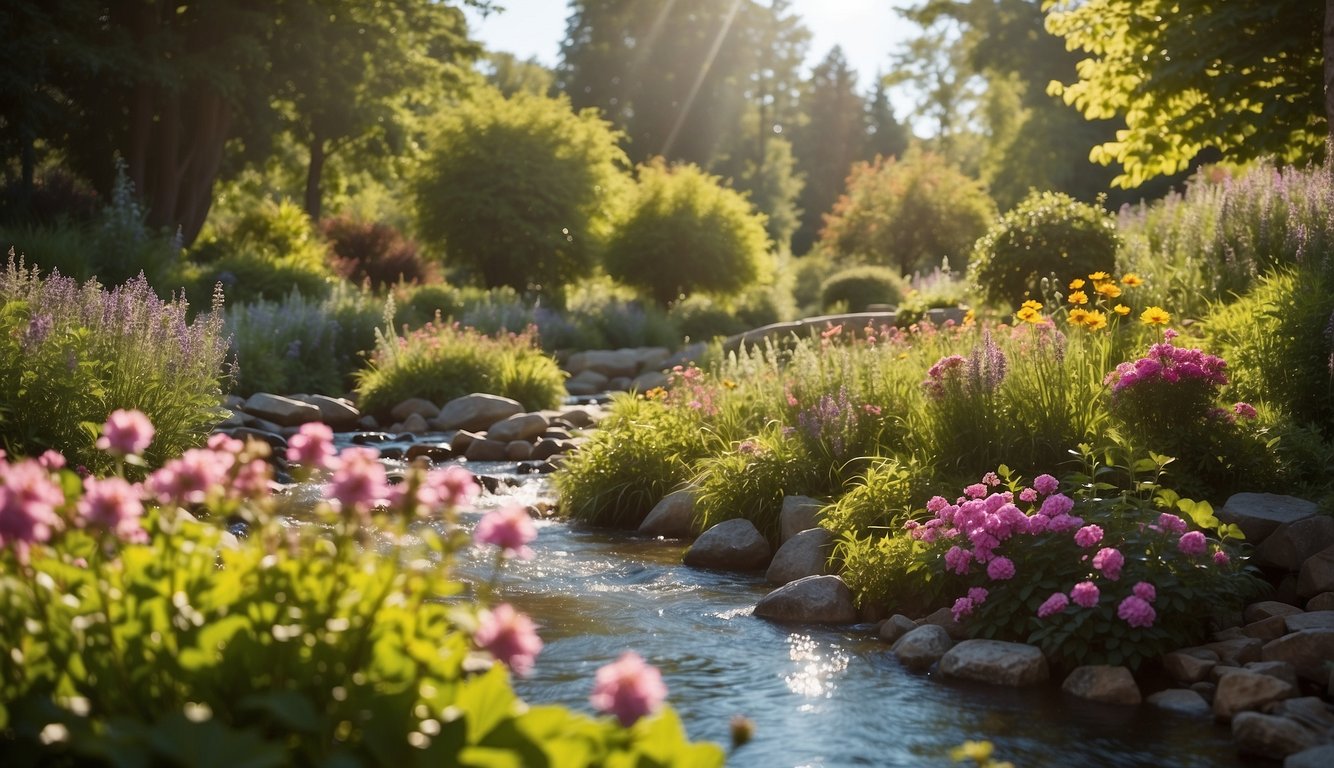 A serene garden with a flowing stream, surrounded by lush greenery and colorful flowers, with a radiant sun shining down from a clear blue sky