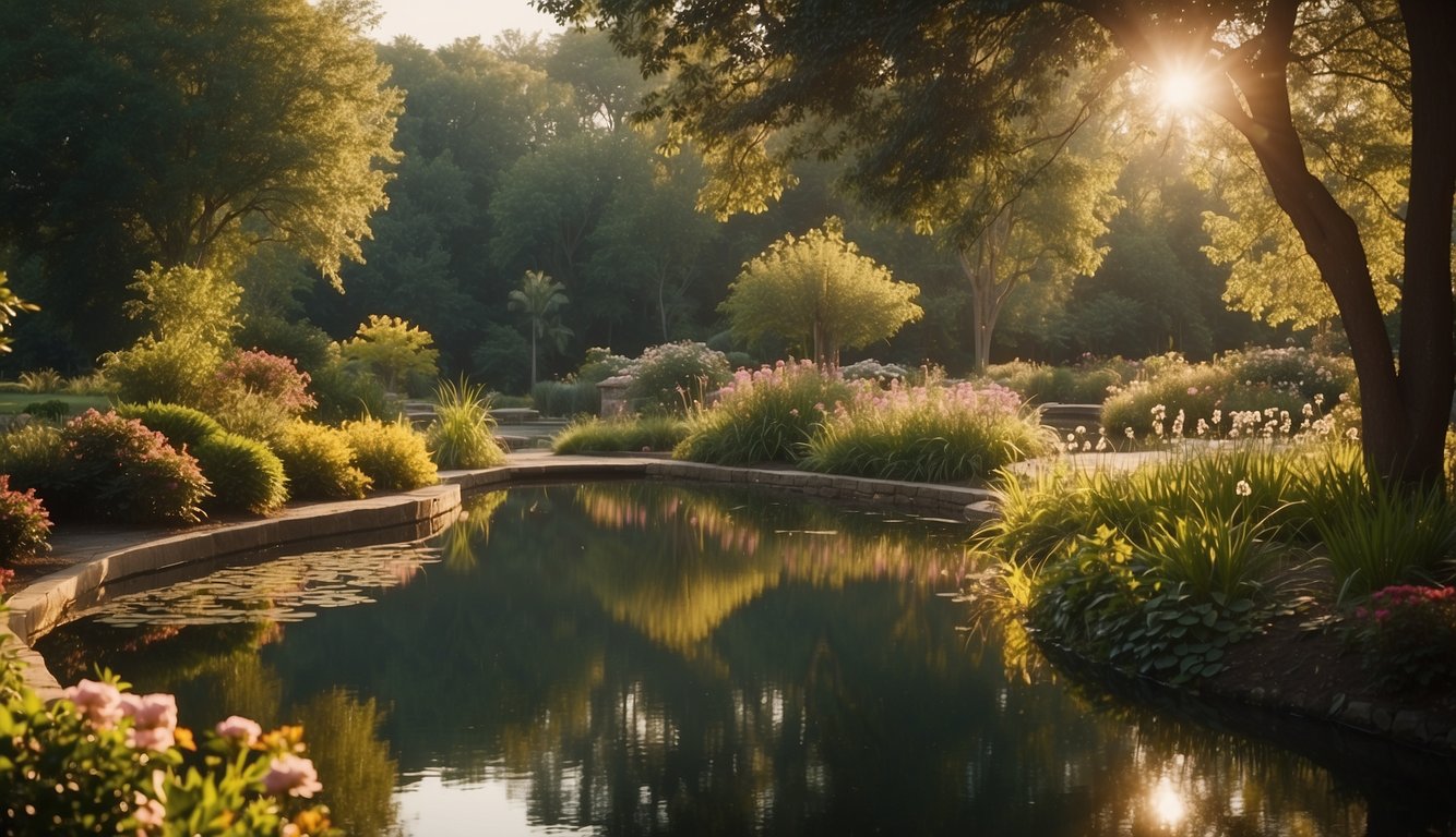 A serene garden with sunlight filtering through trees, casting a warm glow on blooming flowers and a tranquil pond, evoking a sense of peace and spiritual connection