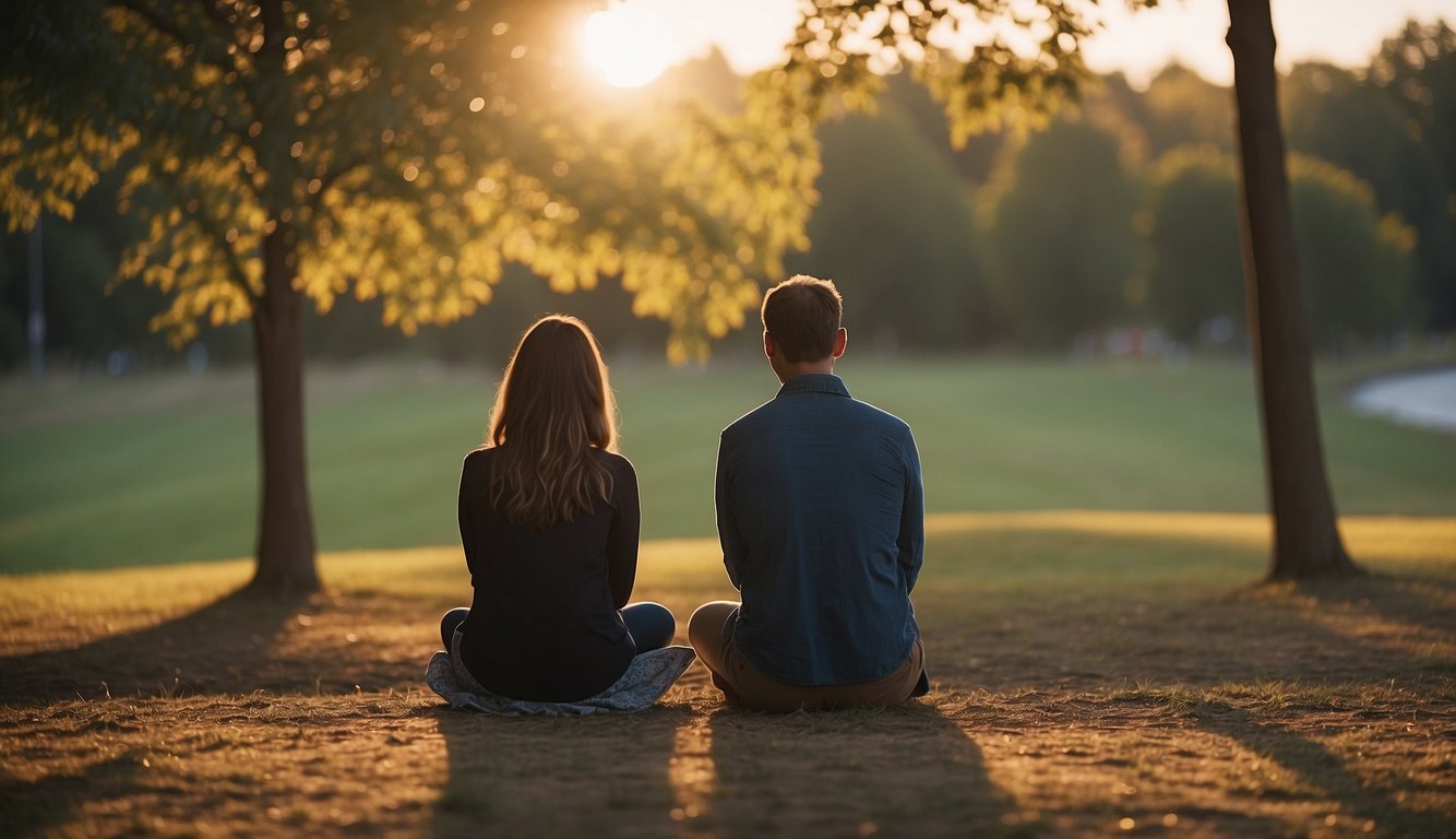 A couple sits facing each other, heads bowed in prayer. A warm, peaceful glow surrounds them, symbolizing the transformative power of prayer in relationships