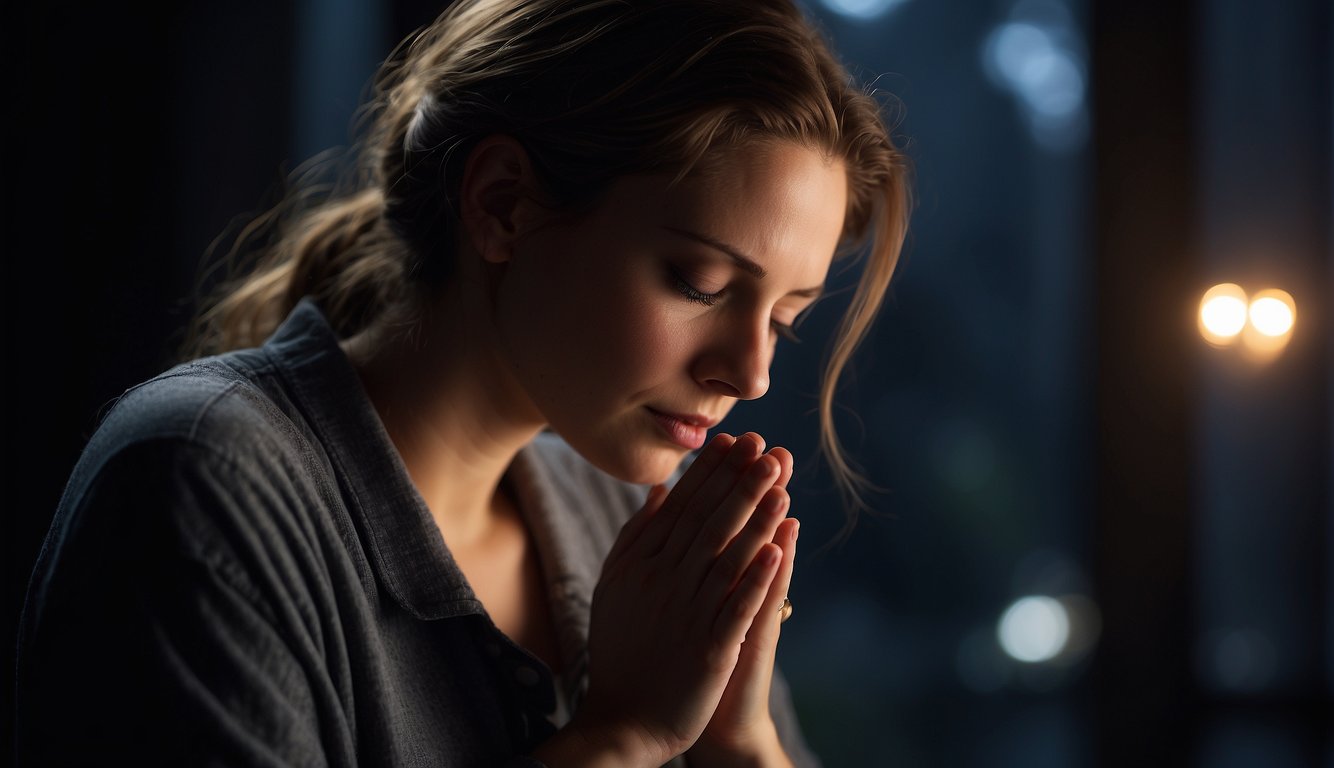 A figure kneels in a beam of light, surrounded by darkness. Their eyes are closed, hands clasped in prayer. The scene exudes a sense of peace and hope