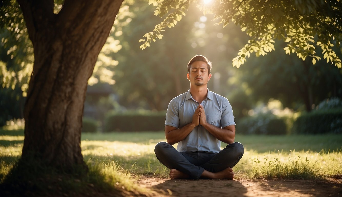 A person sits in a peaceful garden, eyes closed, hands folded in prayer. The sunlight filters through the trees, creating a serene atmosphere. Birds chirp softly in the background, adding to the sense of tranquility