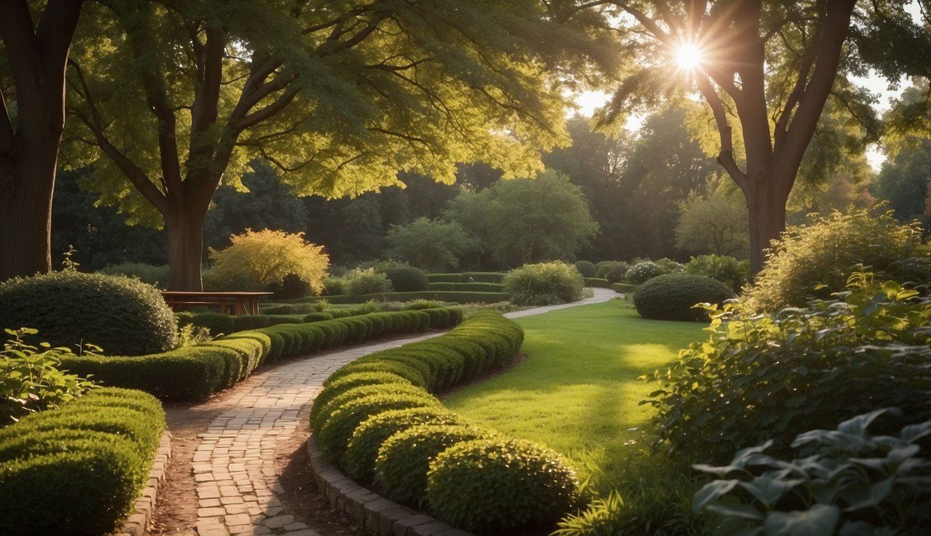 A serene garden with a winding path leading to a peaceful, sunlit clearing. A gentle breeze rustles the leaves of tall trees, creating a soothing atmosphere for contemplation and prayer