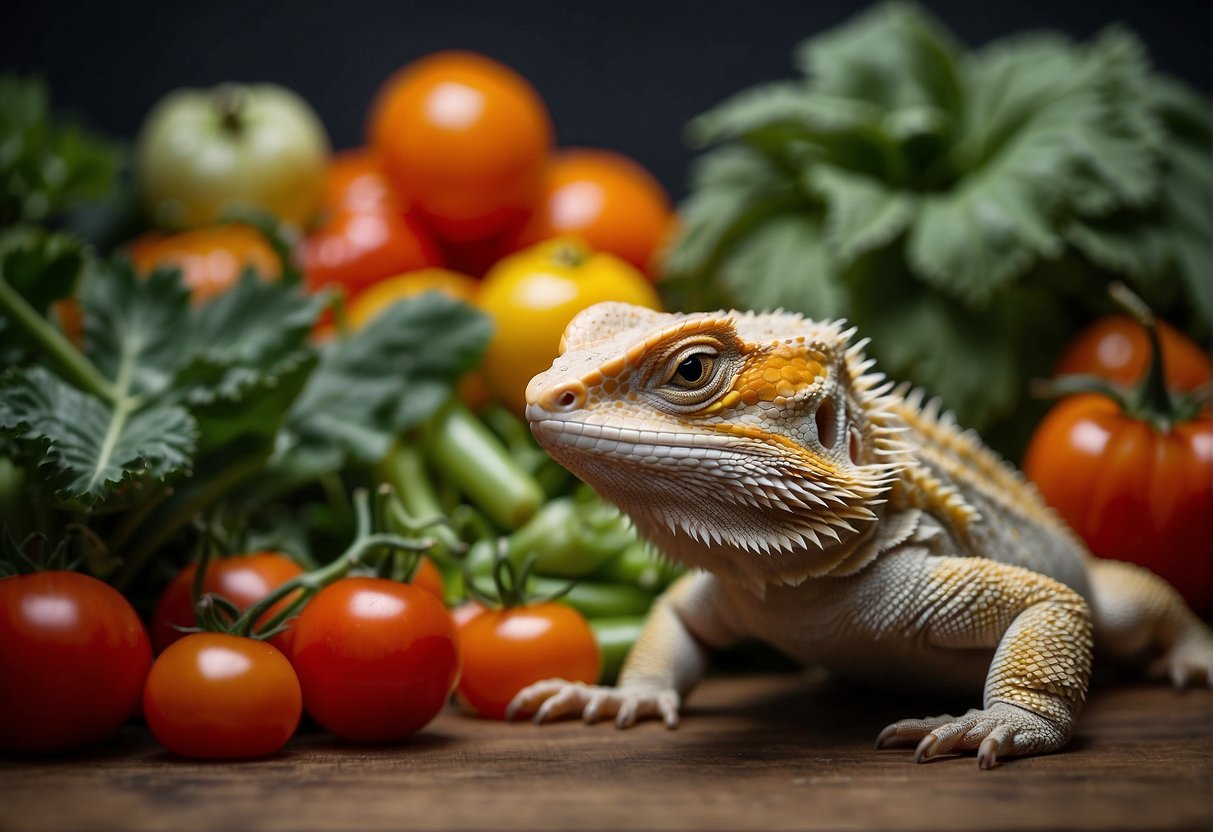 A bearded dragon is surrounded by a variety of fresh vegetables, including tomatoes. It is eagerly eating the tomatoes, showing its dietary needs