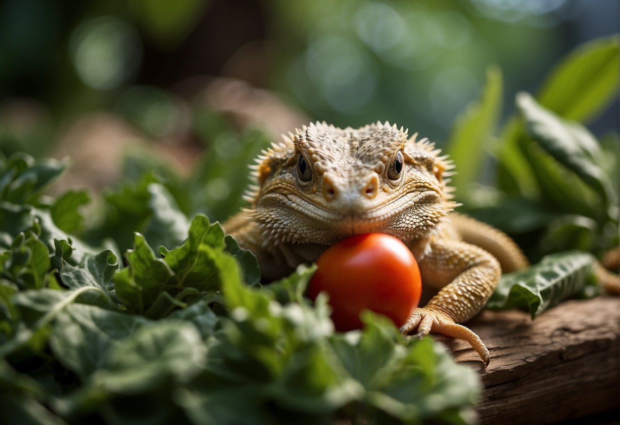 A bearded dragon is shown eating a tomato, with its mouth open and teeth visible, surrounded by leafy greens