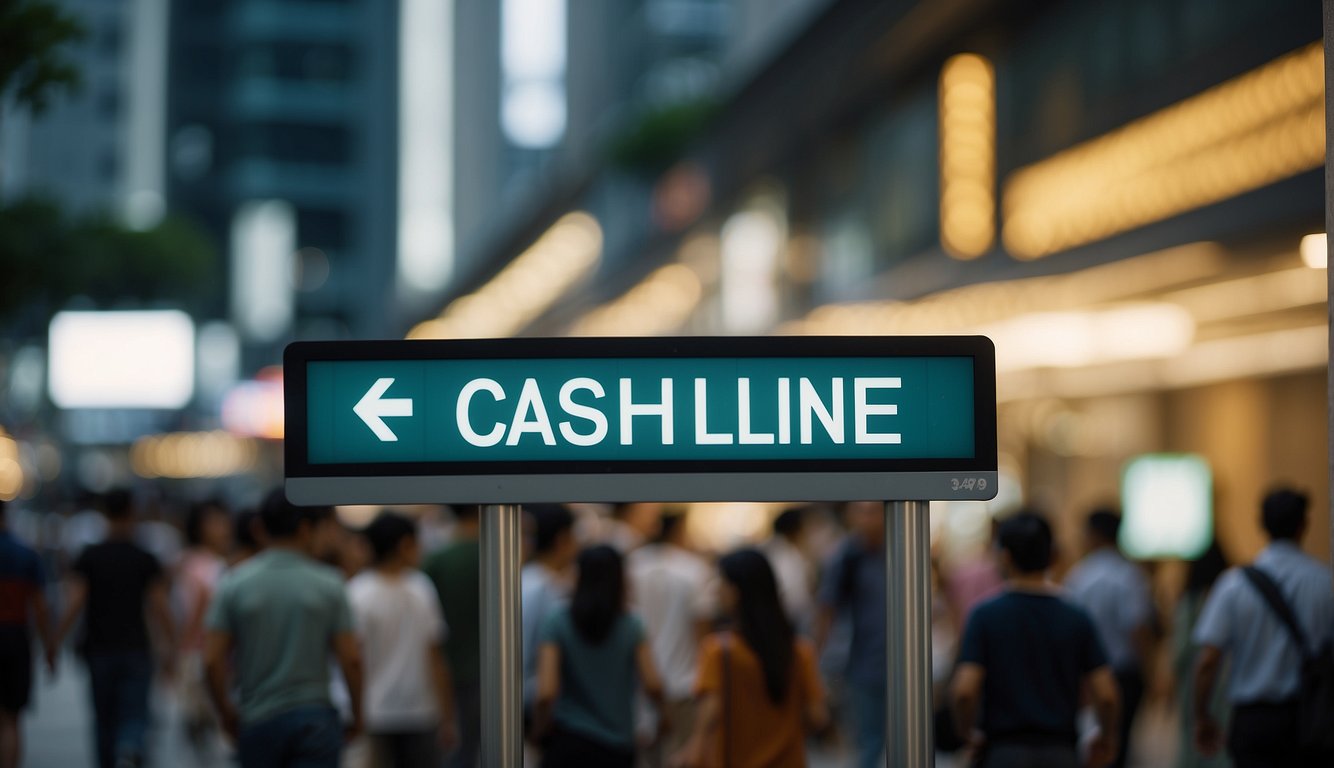 A cashline interest rate sign displayed prominently in a bustling Singapore financial district