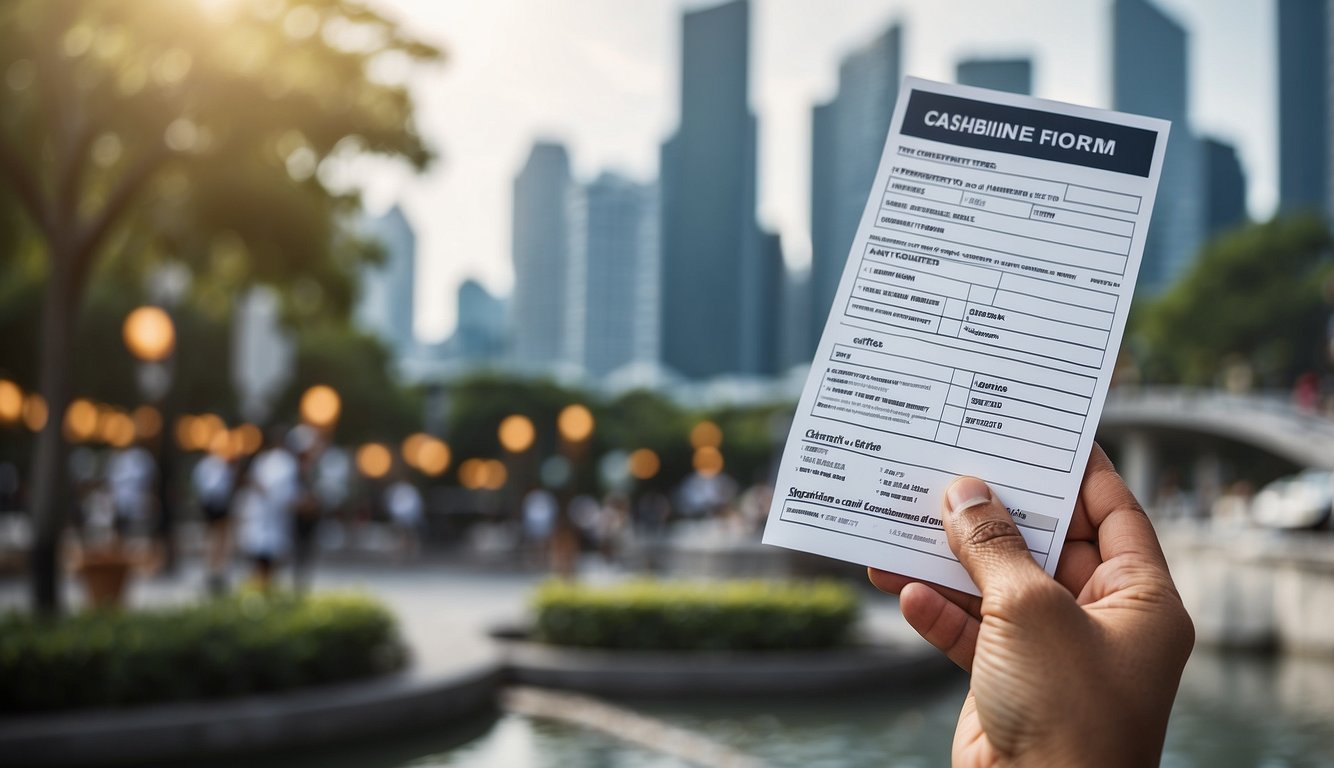 A hand holding a cashline application form with the eligibility criteria and interest rate highlighted. Singaporean landmarks in the background