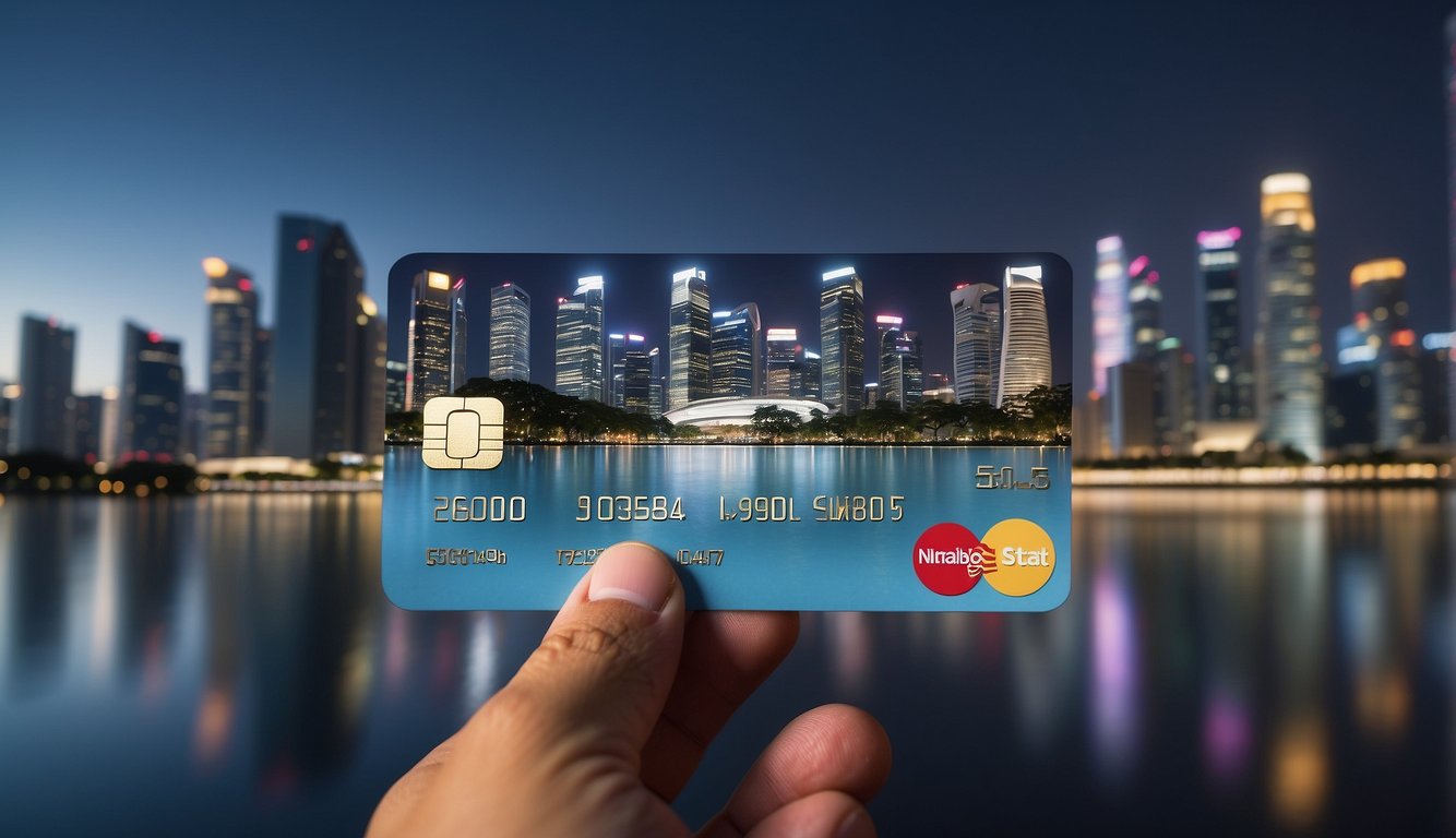 A hand reaching for a cashline card with the Singapore skyline in the background, showcasing the concept of managing cashline interest rates in the city
