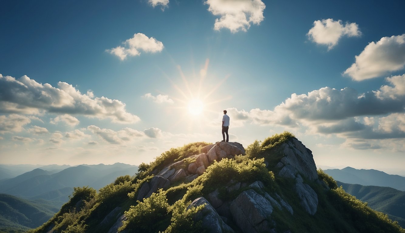 A person standing on top of a mountain, surrounded by a clear blue sky and lush greenery, symbolizing freedom and relief after completing a debt management plan