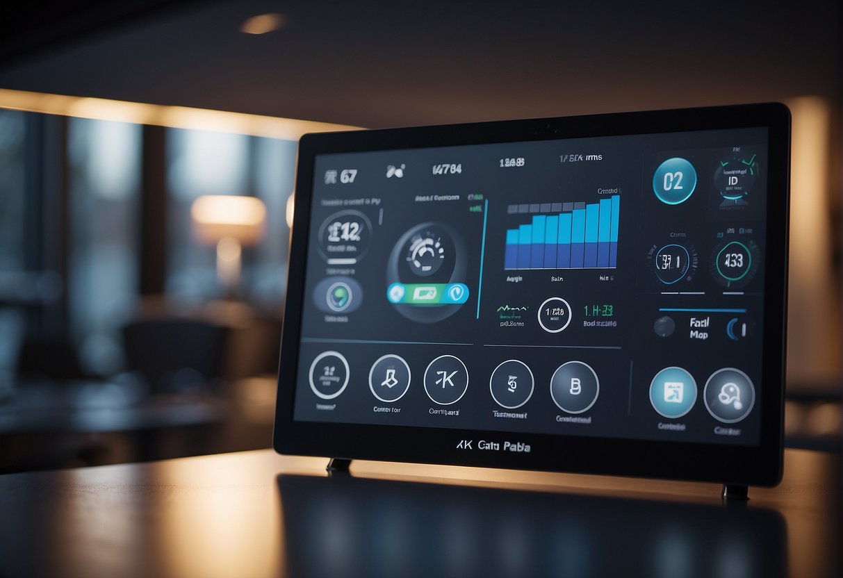 A sleek, modern home with smart devices controlling lights, temperature, and security cameras. A central control panel displays status and alerts