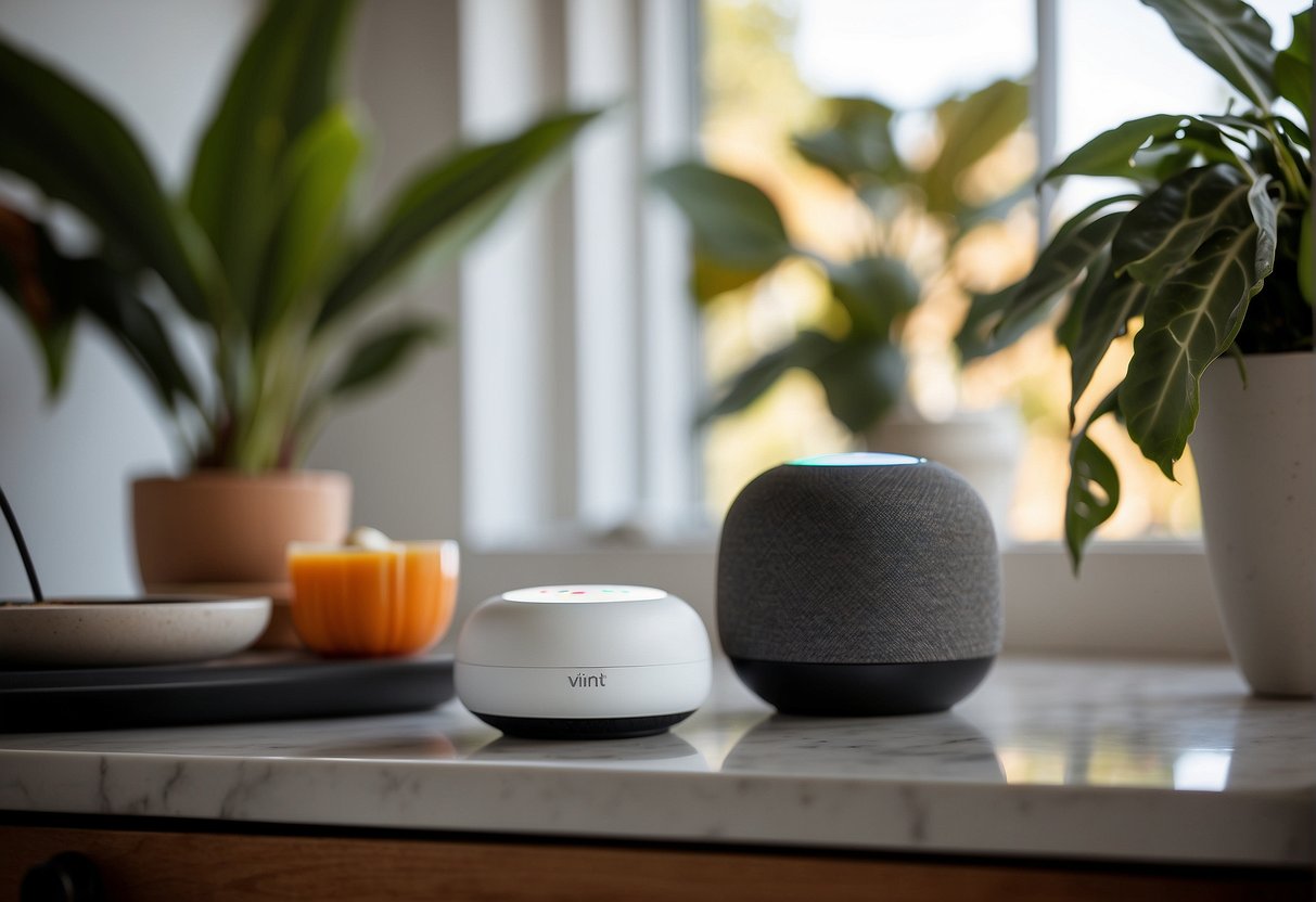 A Google Home device is placed next to a Vivint smart home control panel, with both devices illuminated and connected wirelessly