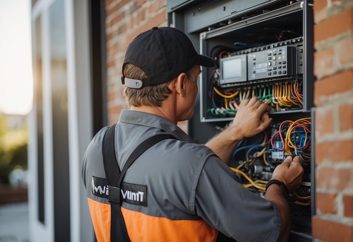 A technician checks and adjusts Vivint home security equipment