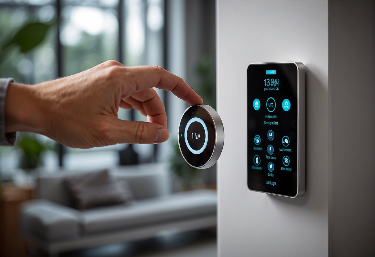 A hand reaches out to select a smart lock, camera, and alarm system from a display of secure smart home devices