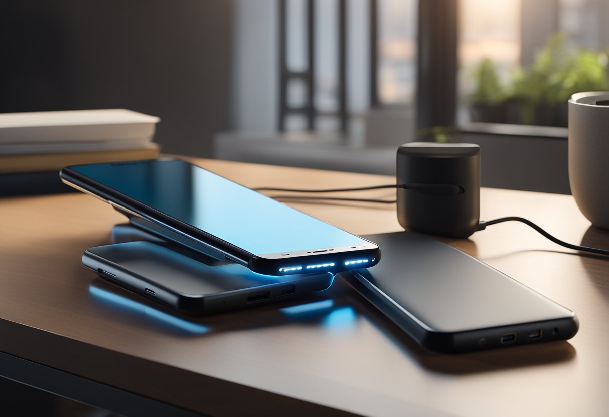 v2 6jdtt f9kdv A smartphone connected to a power bank, both placed on a desk with a charging cable neatly organized