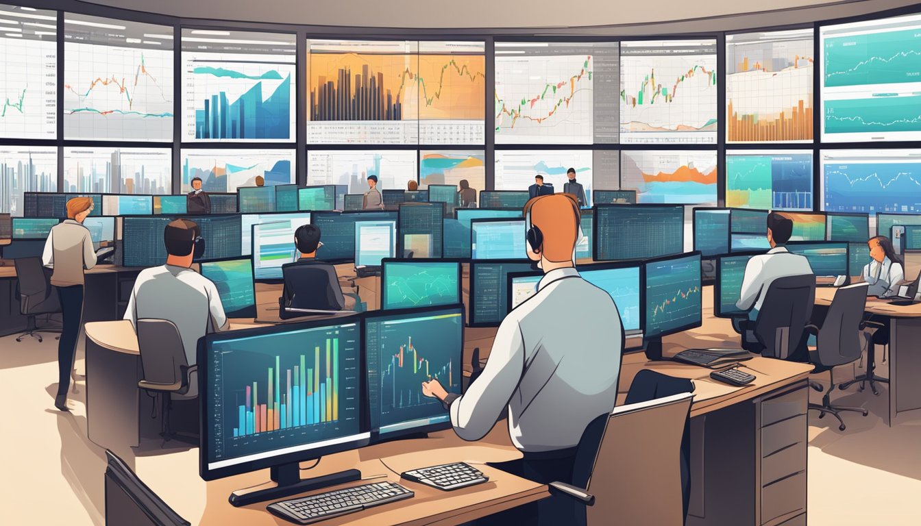 Traders analyzing data, charts, and news. Multiple screens displaying stock prices and market trends. Phone calls and discussions about investment strategies