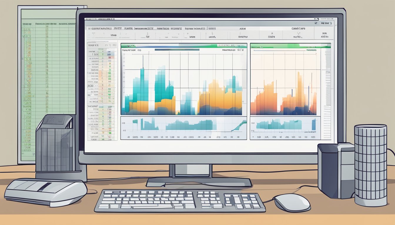 A computer screen displaying stock charts and indicators, with a mouse hovering over the charts and a keyboard nearby for input