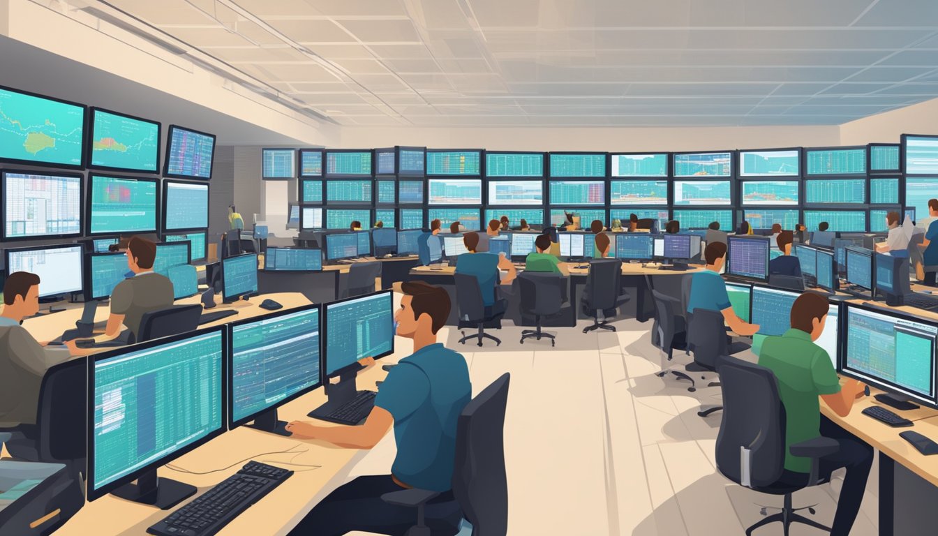 Traders inputting buy and sell orders on computer screens in a bustling trading room. Various execution and order types are displayed on the screens