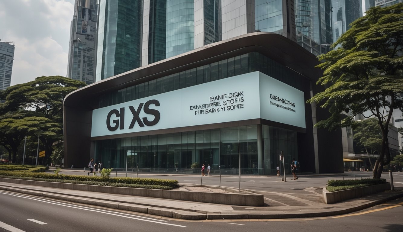 A modern, sleek bank building with the words "gxs bank: everything you need to know in Singapore" prominently displayed on a large sign outside