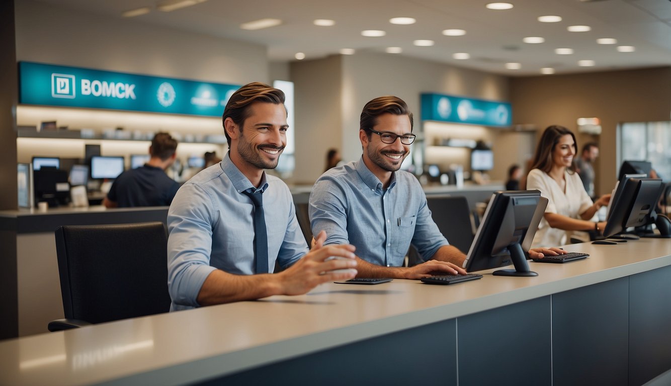 A bustling bank with smiling customers, efficient tellers, and modern technology. Bright, welcoming atmosphere with signs promoting various benefits of their services
