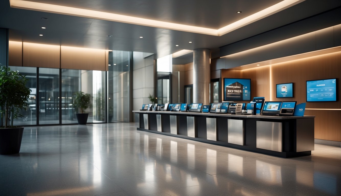 A modern, sleek bank building with a digital interface and customer service kiosks. Customers enjoy seamless transactions and access to a range of financial services