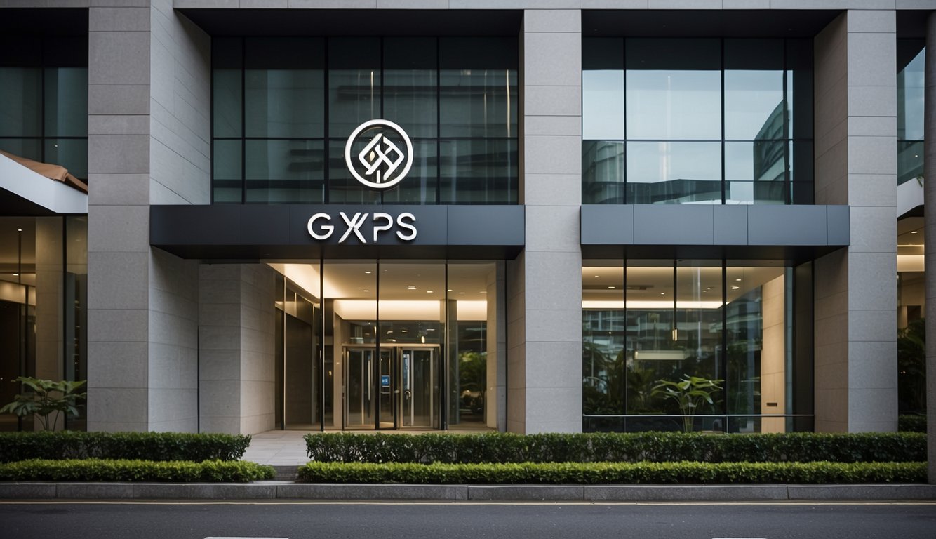 A modern bank building in Singapore with the GXS logo prominently displayed. The exterior features sleek architecture and a clean, professional design