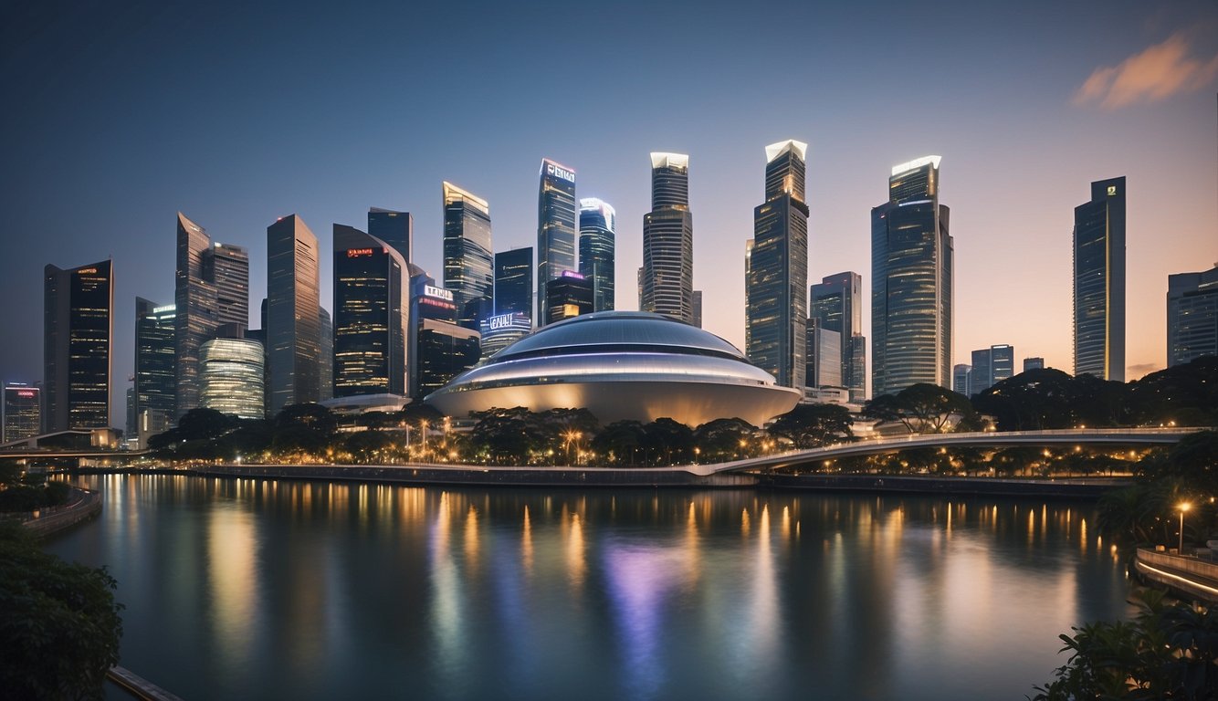 A bustling Singapore cityscape with iconic landmarks and a prominent GXS bank building, surrounded by modern financial institutions