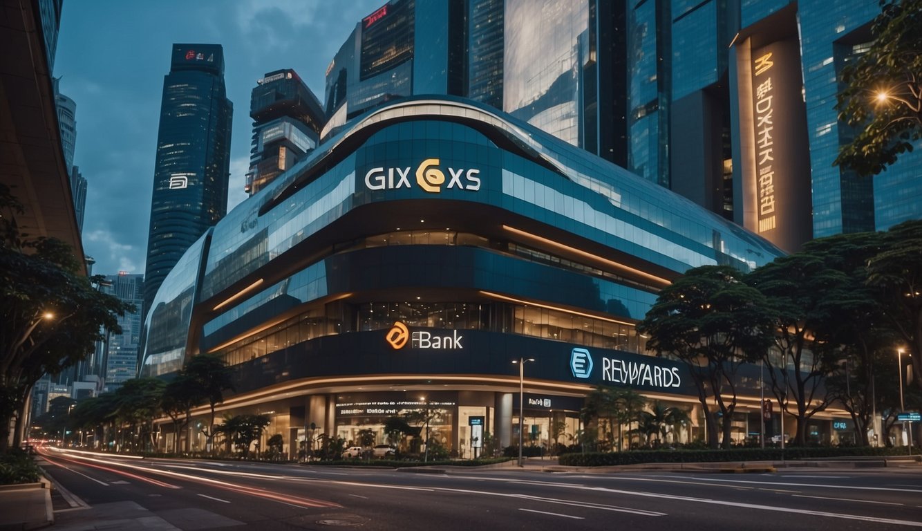 A modern bank building with the "Rewards and Benefits gxs bank" logo prominently displayed, surrounded by bustling streets in Singapore