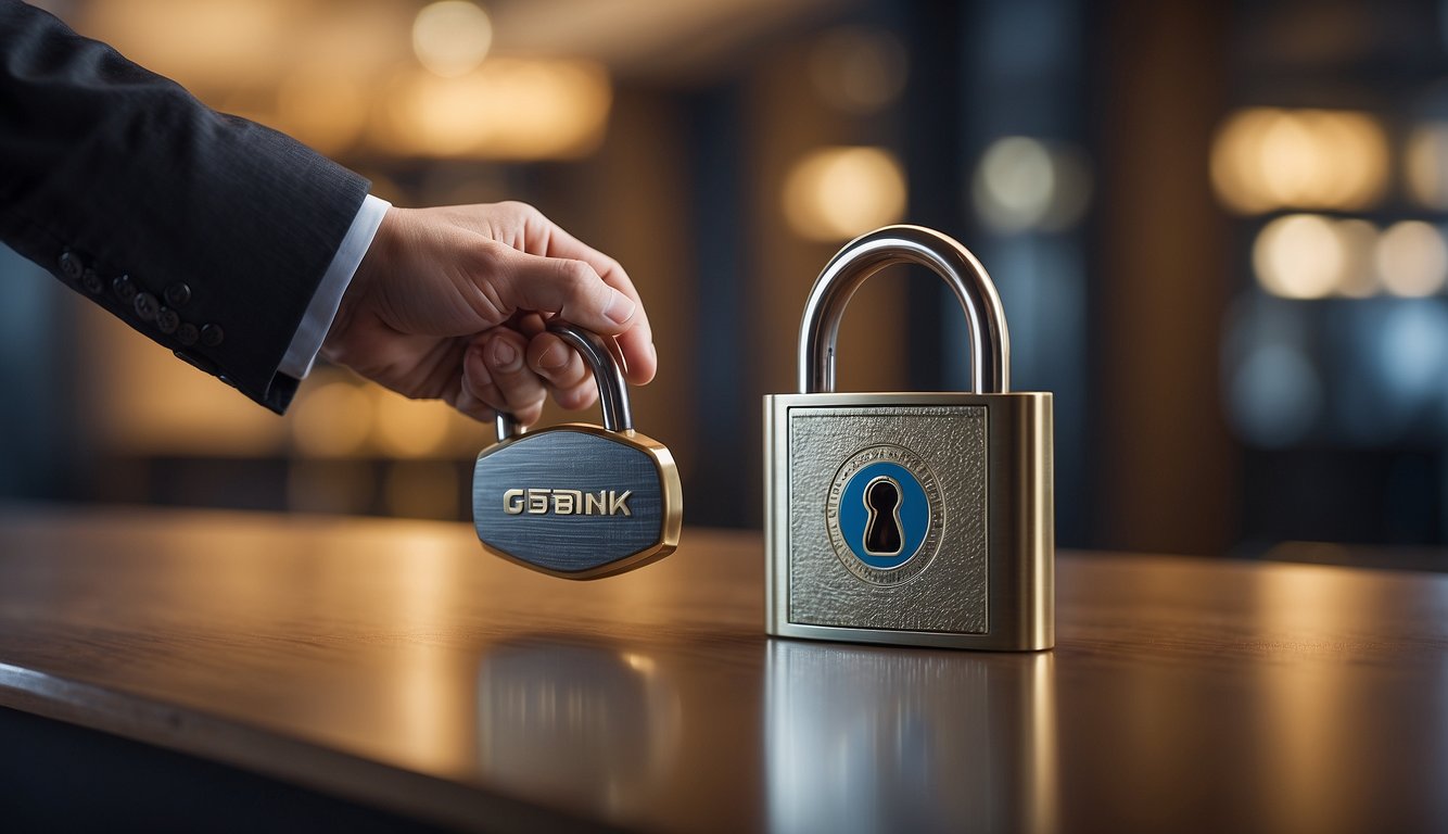 A secure digital transaction: a lock symbolizing security, a handshake symbolizing trust, and the gxs bank logo representing their reliable services