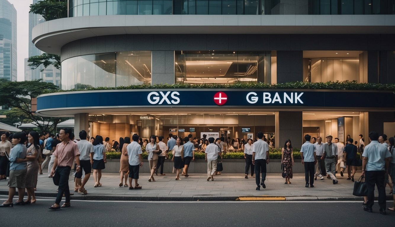 A bustling Singapore street with a prominent GXS Bank sign, surrounded by diverse individuals engaged in financial activities