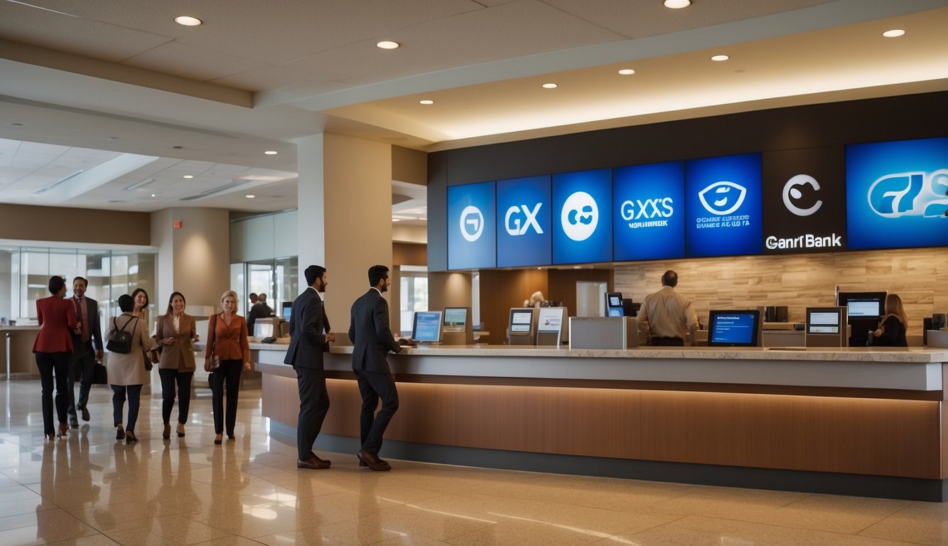 A bustling bank lobby with customers at teller windows, a digital sign promoting GXS Bank's benefits, and employees assisting clients