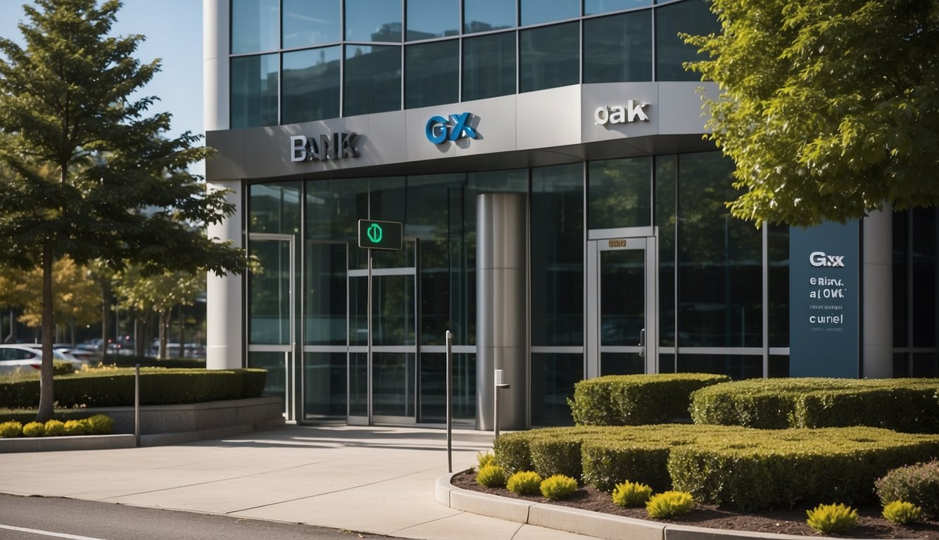 A modern bank building with a secure entrance, digital security systems, and a prominent sign reading "gxs bank." The surrounding area is clean and well-maintained, conveying a sense of trust and reliability