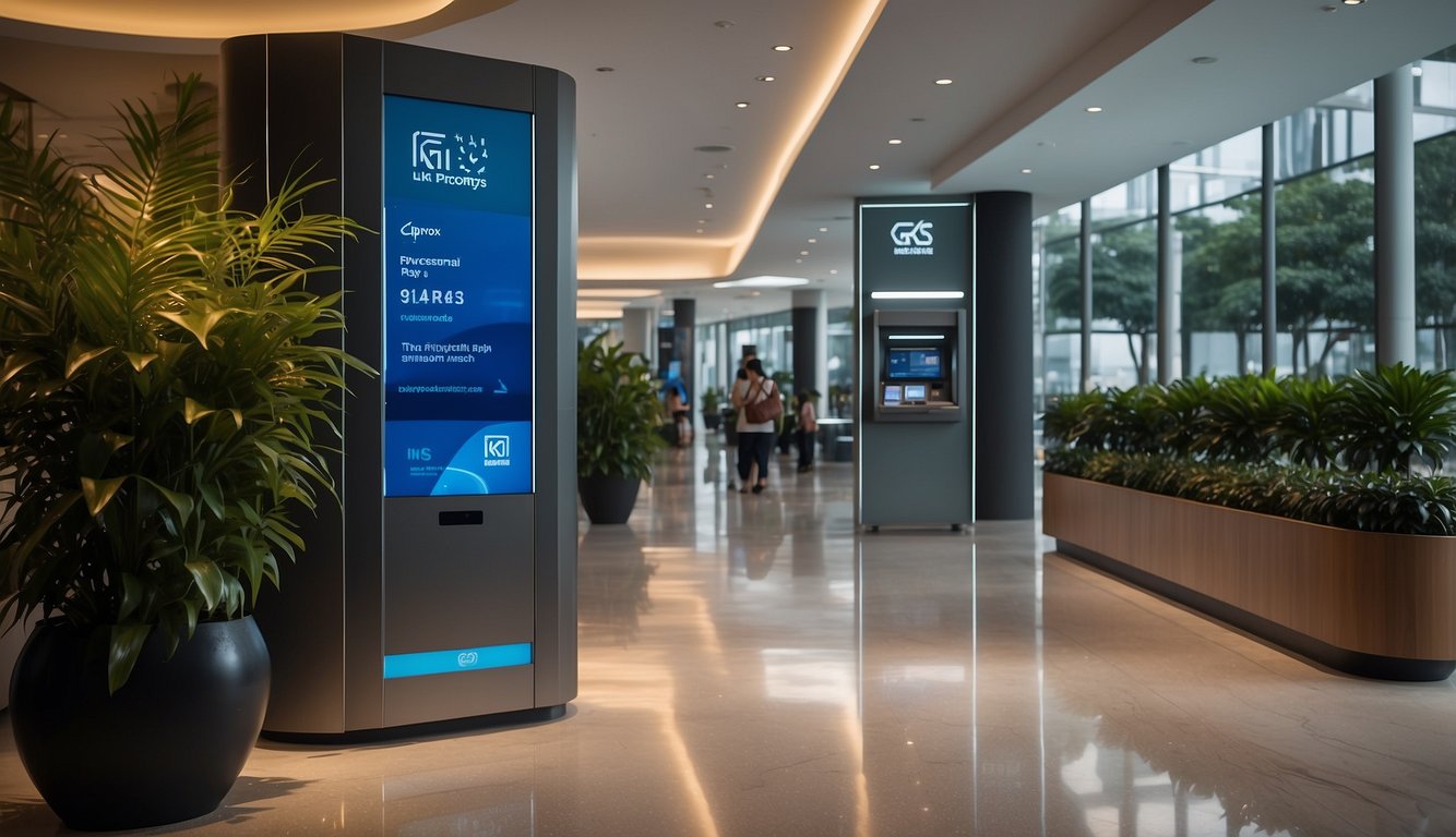 A modern bank in Singapore, with sleek architecture and a prominent GXS logo. Customers enter and use self-service kiosks. The atmosphere is professional and efficient