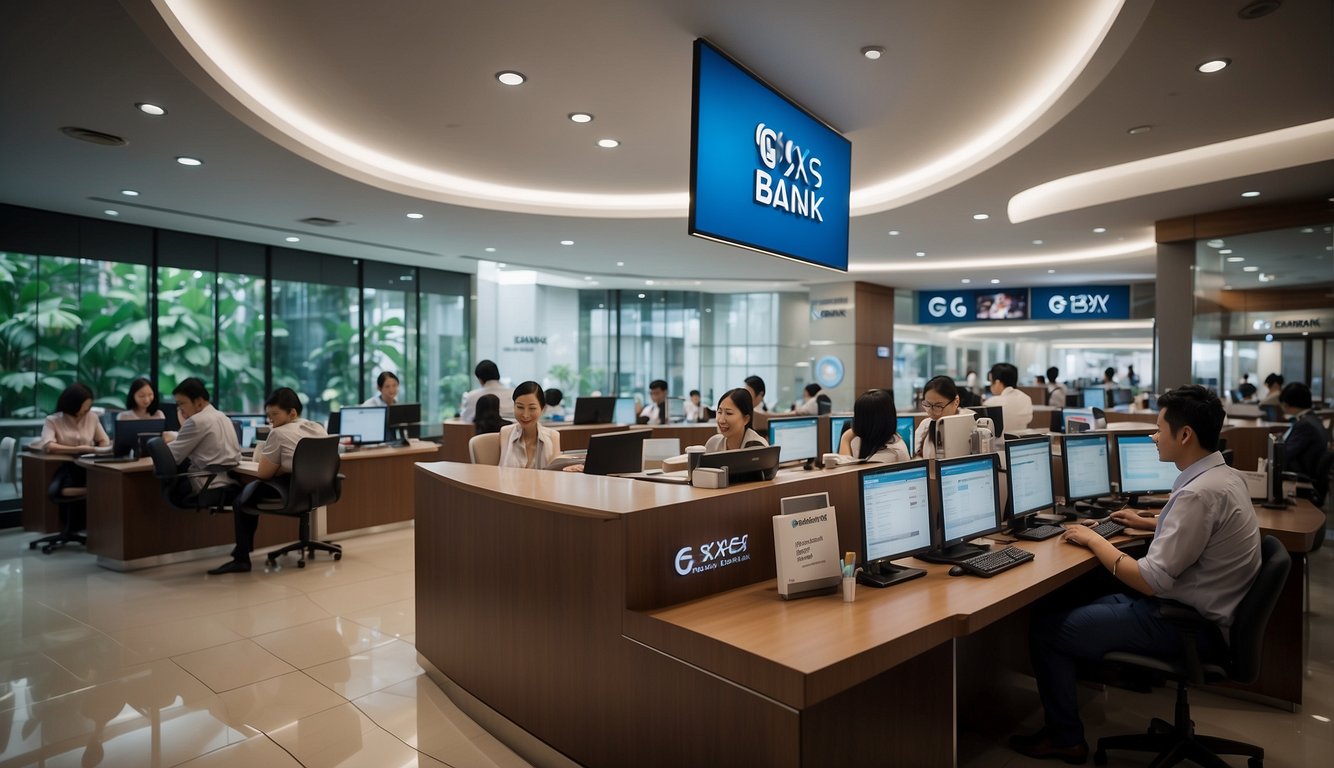 A bustling bank branch in Singapore, with customers receiving personalized support and insights from staff. The logo of GXS bank prominently displayed