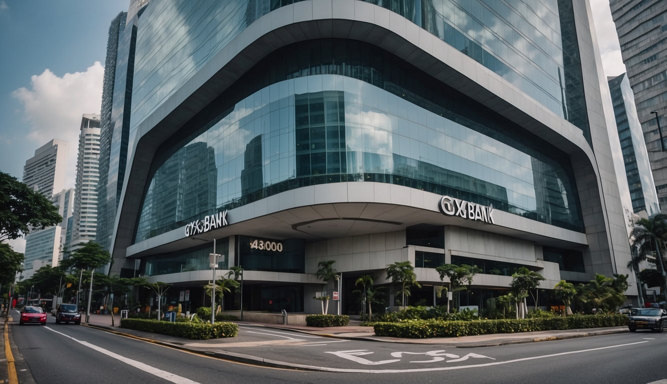 A modern bank building in Singapore, with a sleek design and prominent signage for "gxs bank." Surrounding area is bustling with city life