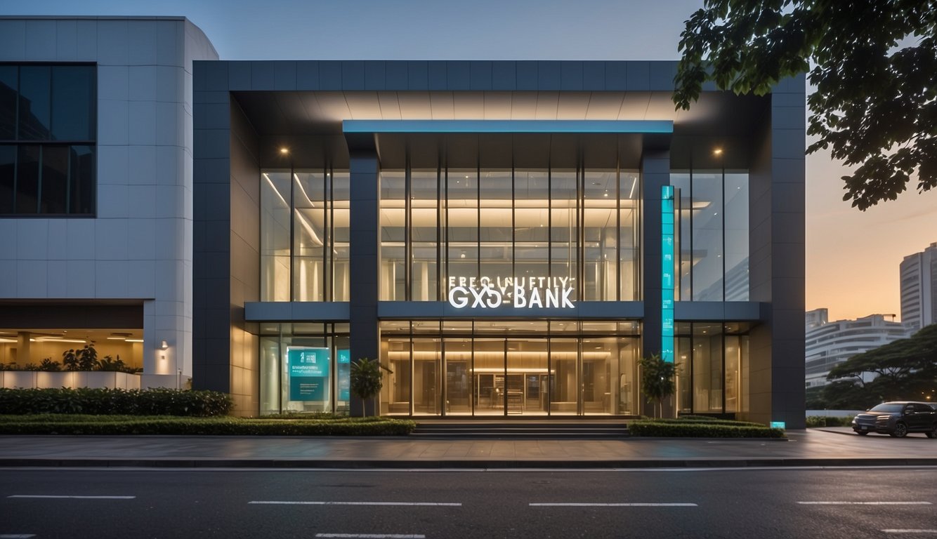 A modern bank facade with "Frequently Asked Questions gxs bank: everything you need to know in Singapore" displayed prominently