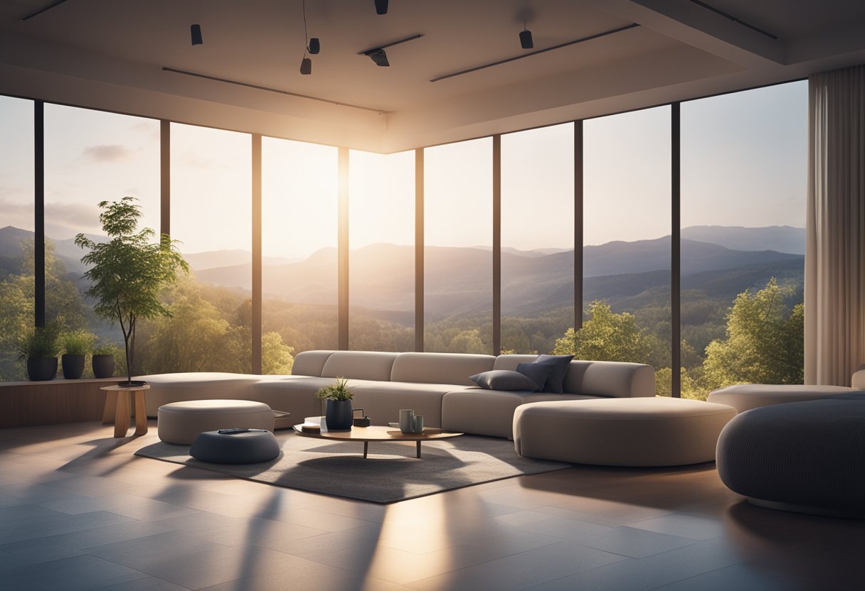 A calm, inviting virtual environment with soothing colors and soft lighting. Digital devices and tools for mental health support are displayed, creating a sense of comfort and accessibility