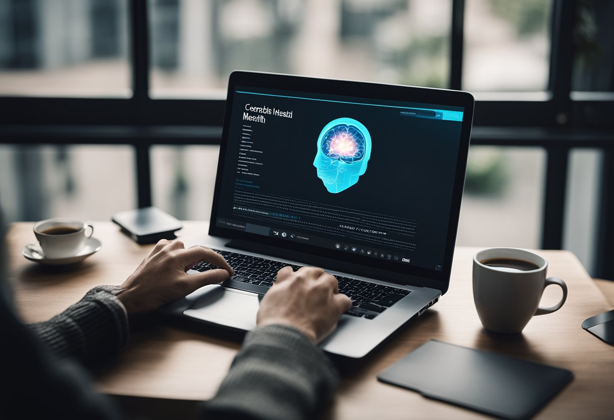 A laptop displaying "Cerebral: Online Mental Health Care" with a calming background. A chat window open with supportive messages