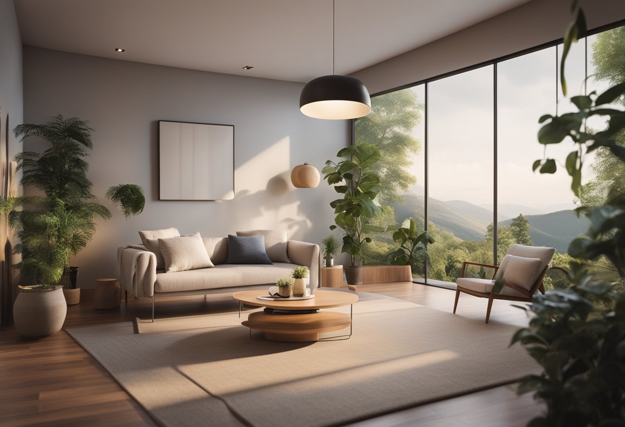 A serene virtual therapy session with a calming backdrop of nature, a cozy room, and a comforting atmosphere