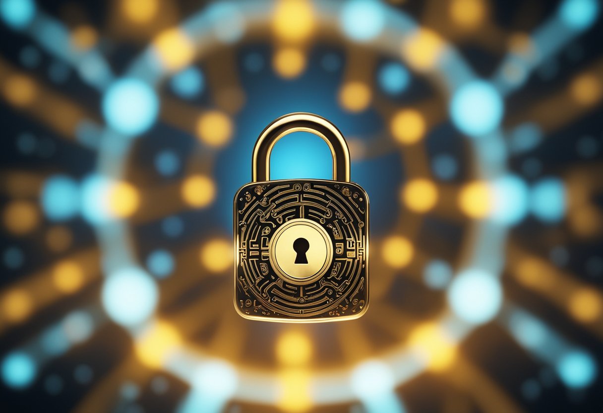 A digital lock secures a glowing brain, symbolizing personalized online mental health care. Privacy and security are emphasized in the cerebral design