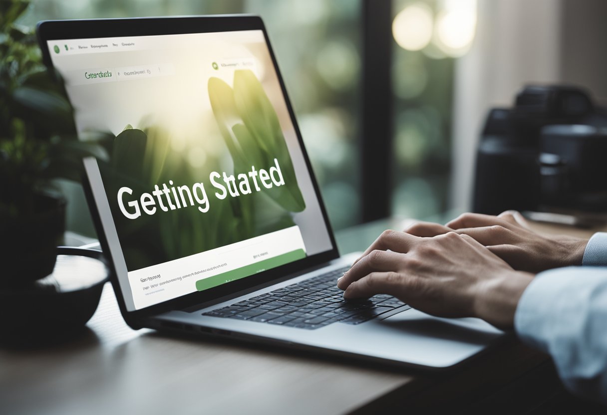 A laptop open on a desk, with a person's hand clicking on the "Getting Started" button on the Cerebral website. A serene and inviting atmosphere with soft lighting and a comfortable workspace
