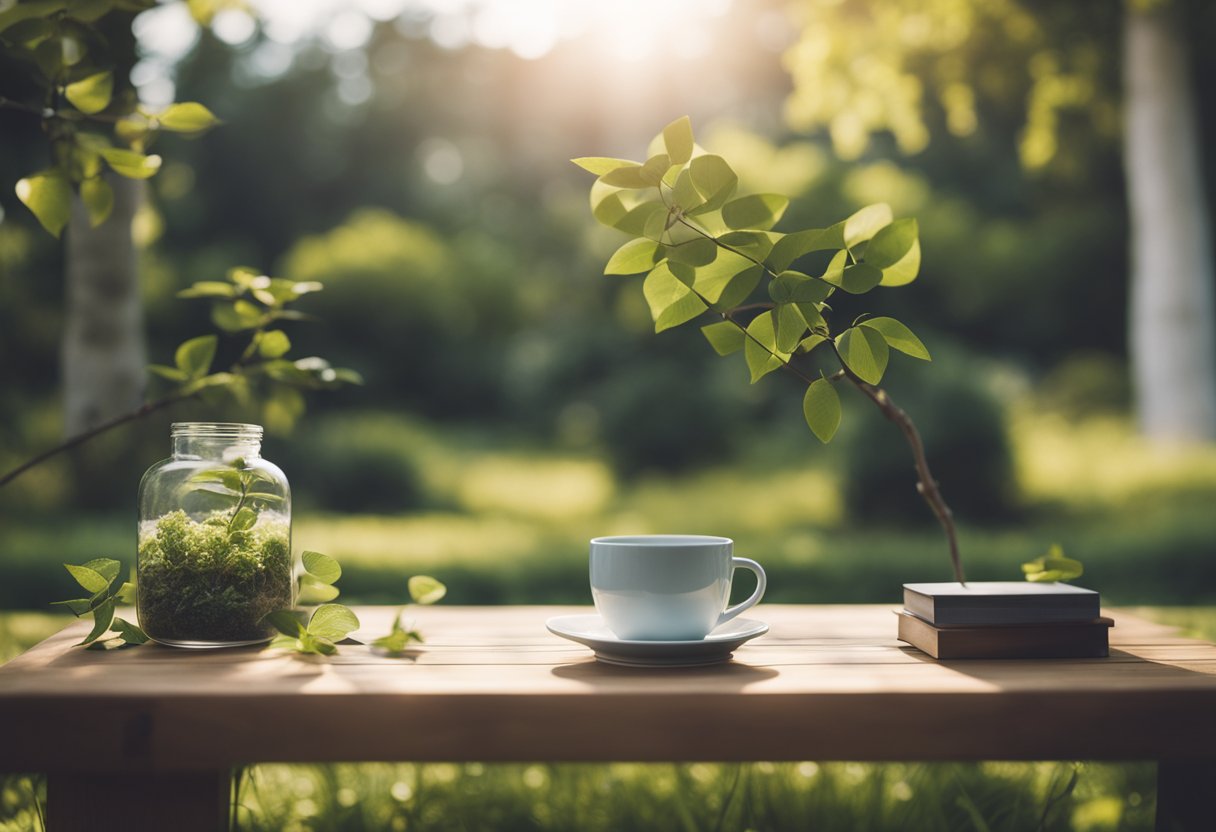 A serene virtual therapy session with calming colors and natural elements, like a peaceful outdoor setting