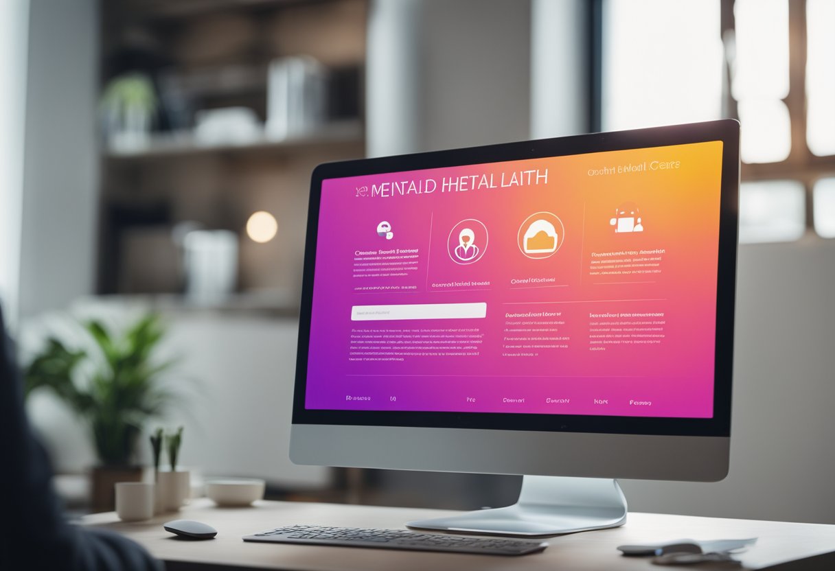 A computer screen displaying a user-friendly online mental health platform with personalized care options. Bright colors and clear navigation elements create a welcoming and accessible environment
