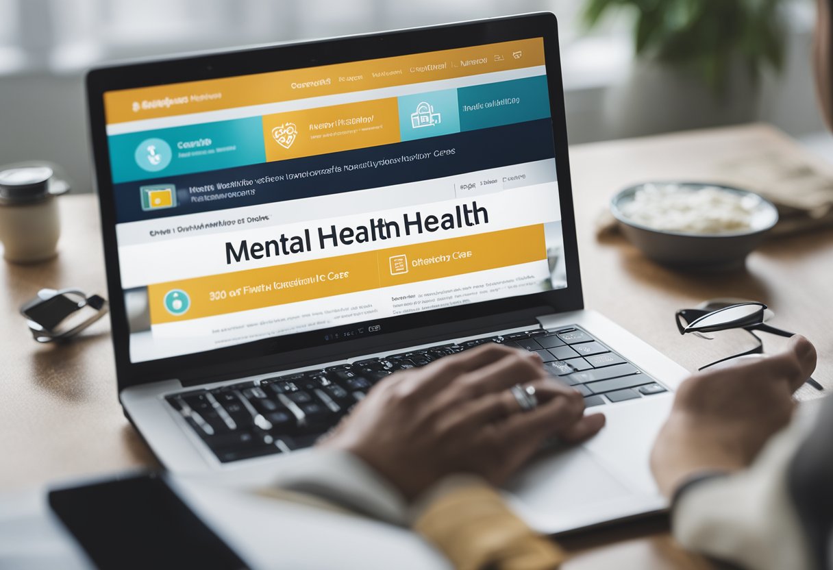 A laptop displaying a mental health care website with various insurance options and costs. The screen shows a user-friendly interface catering to individual needs