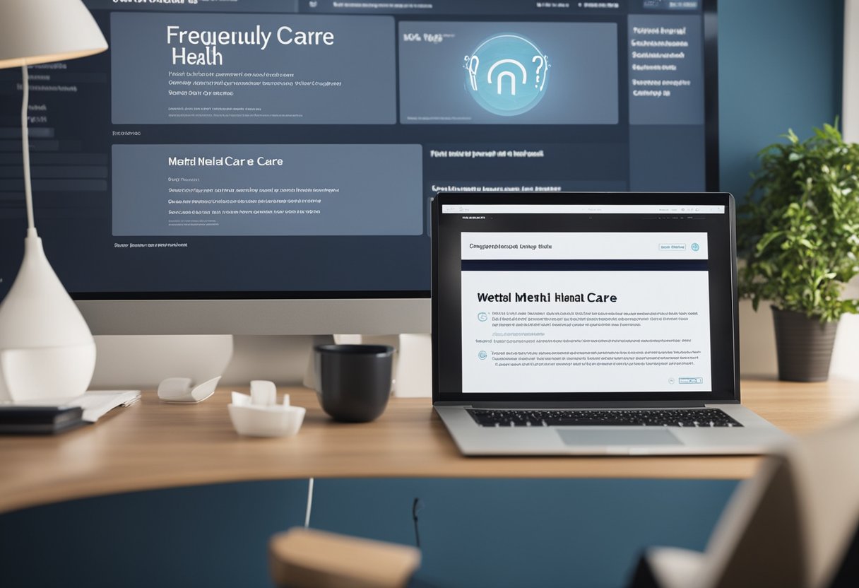 A computer screen displaying a website with a list of frequently asked questions about online mental health care