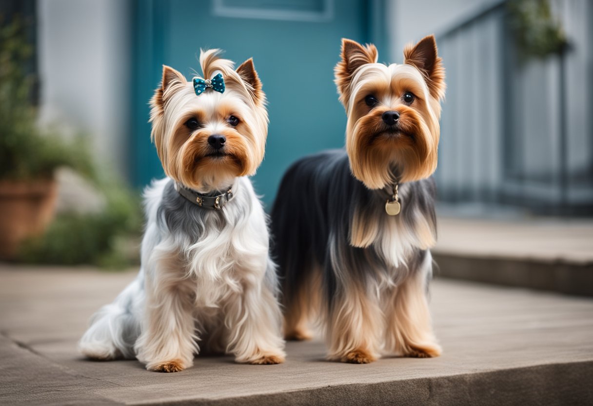 A Biewer Terrier and a Yorkshire Terrier stand side by side, showcasing their distinct physical characteristics. The Biewer Terrier has a long, flowing coat with unique tri-colored markings, while the Yorkshire Terrier has a silky, straight