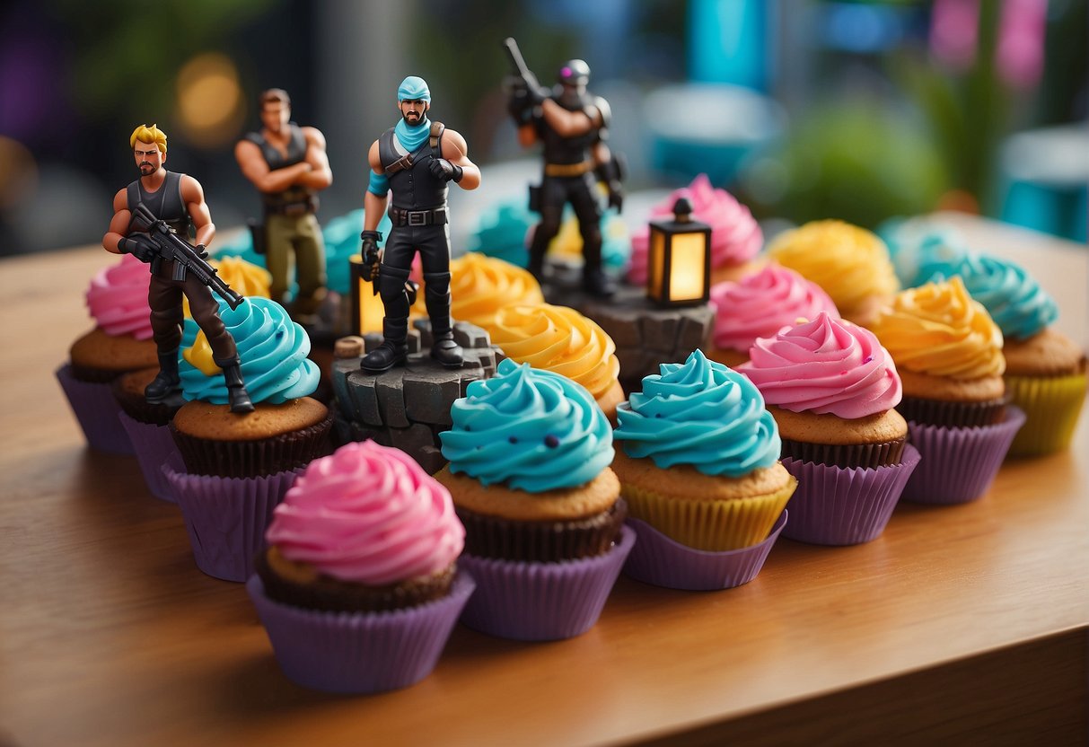 A table with colorful Fortnite-themed cupcakes arranged in a decorative display, featuring iconic game elements like weapons, characters, and building structures